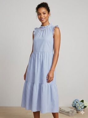 J. Crew Re-Imagined Striped Ruffle Tiered Midi Dress Blue White 6
